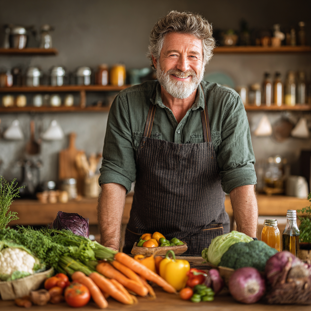 Happy middle-aged man in his 50s cooking healthy meal in bright kitchen, wearing apron, surrounded by fresh vegetables and ingredients, smiling confidently while preparing nutritious food