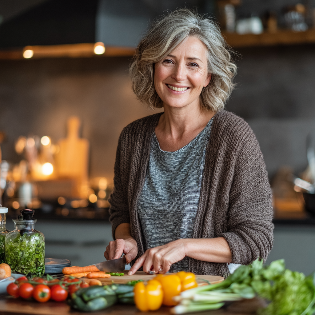 Middle-aged woman in her 50s smiling while preparing fresh vegetables and fruits in a modern kitchen, wearing casual clothing, healthy lifestyle concept