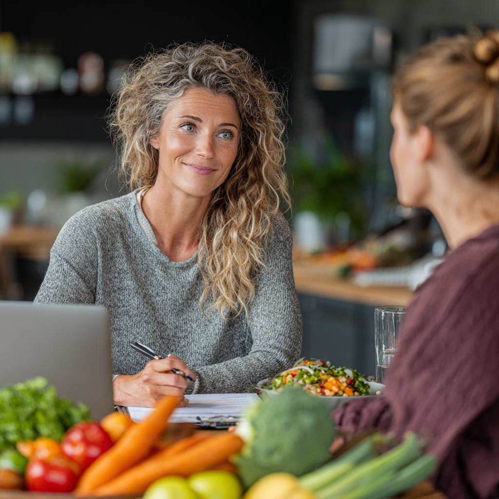 Professional nutritionist in her 40s consulting with a client, both sitting at a modern office desk with healthy meal plans and fresh produce visible, professional healthcare setting